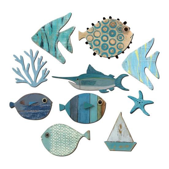 10Pcs/Set Fish Wall Decoration Coastal Style Wooden Fish Beach Theme Wall Art Fish Ornament