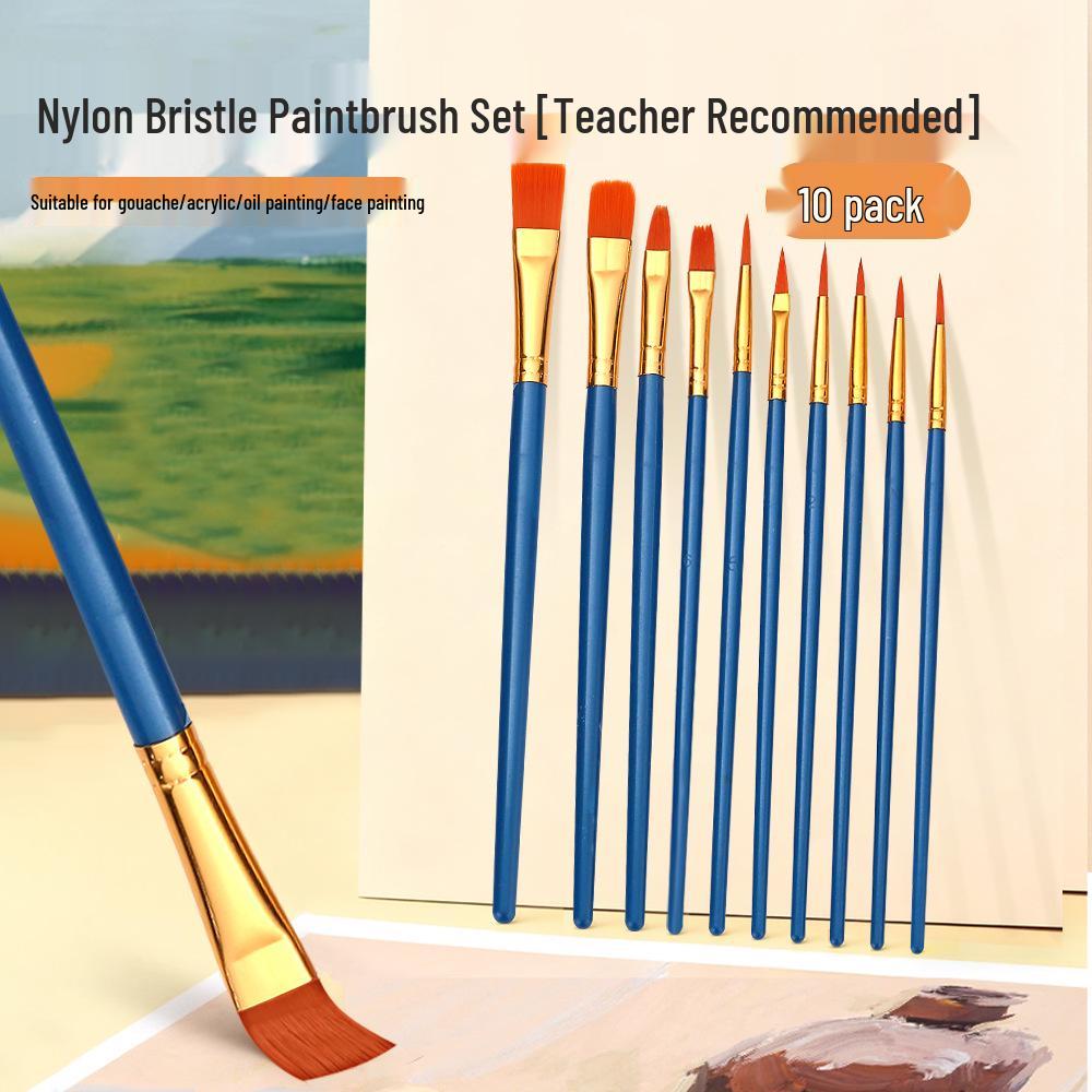 10-Piece Nylon Paintbrush Set with Plastic Handles for Oil, Watercolor, and Gouache Painting