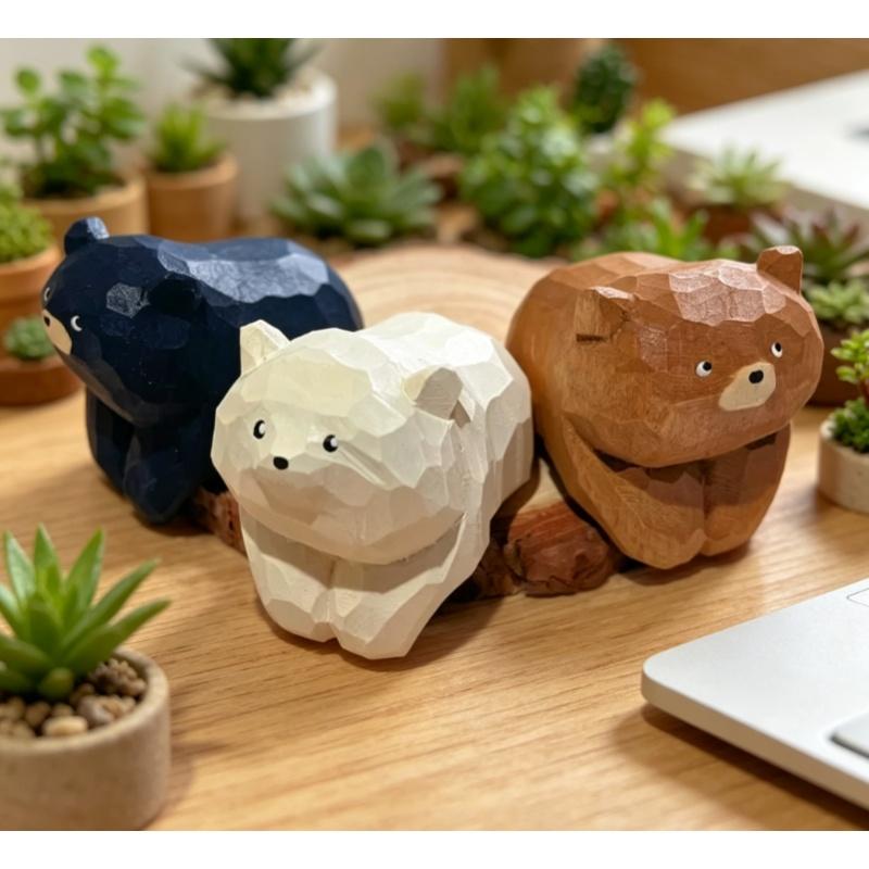 1Pc Wooden Carving Figurine Cuddly Bear In A Lying Pose Adorable Desk Companion Office Bedroom Home Decor