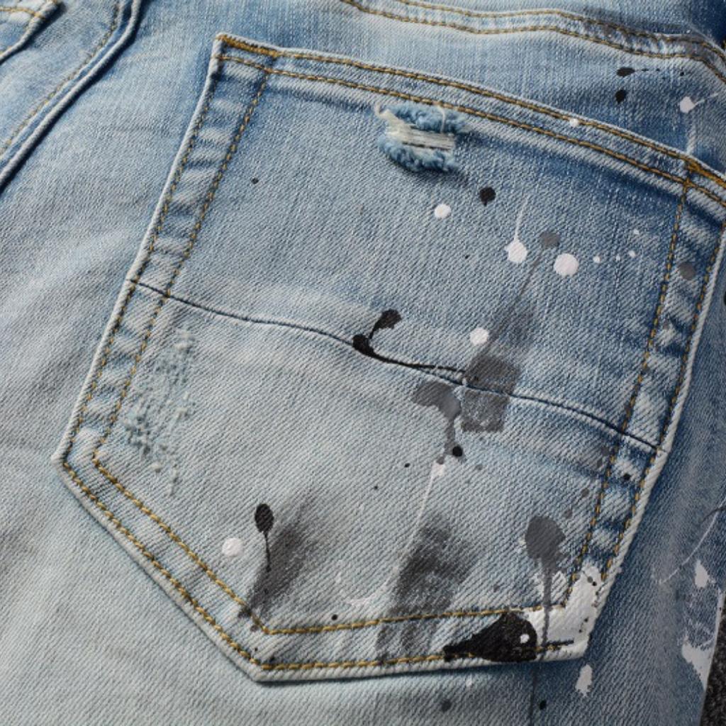 Fashion Men's Denim Micro-stretch Cotton Youth Light Blue Splatter Paint Hole Patch Jeans