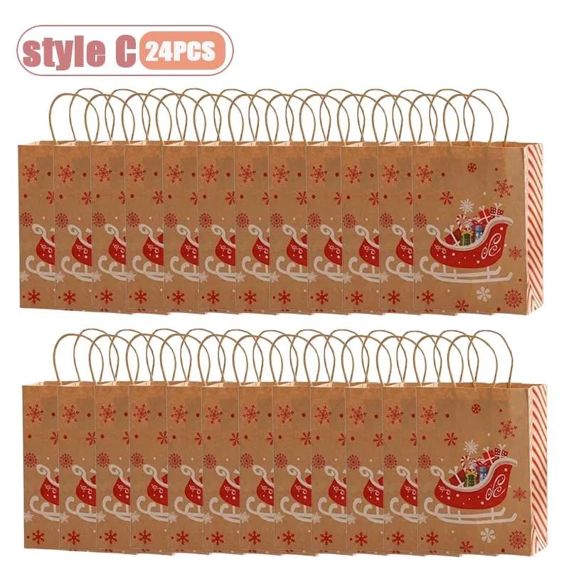 Handheld Christmas Gift Bag Kraft Paper with Handle  Printed Paper Bag Festive Gift Bag for Christmas Presents Party Supplies