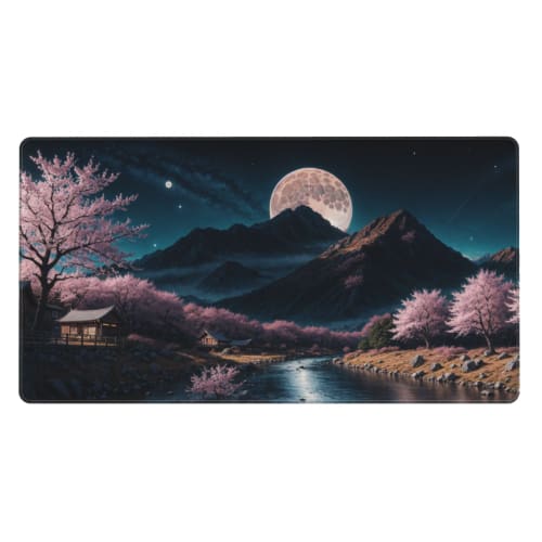 MTG Playmat, Cherry Blossoms and Moonlit Night, TCG Game Mat for Card Games, Board Games, and Trading Card Games, Desk Mat Pad, Hand-Drawn Art, Stitch