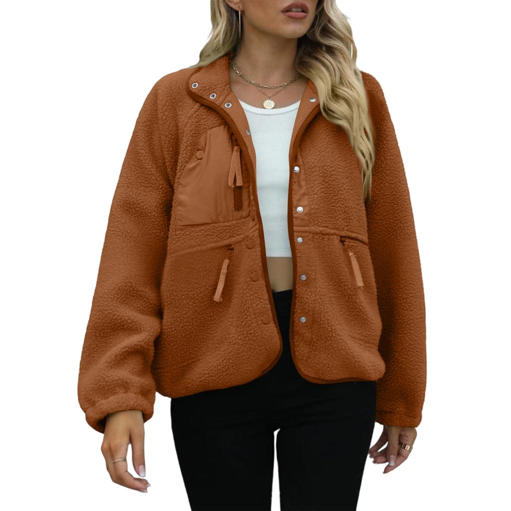 Women's Fashion Casual Stacked Lapel Single Button Fleece Sports Sweatshirt Jacket Outerwear