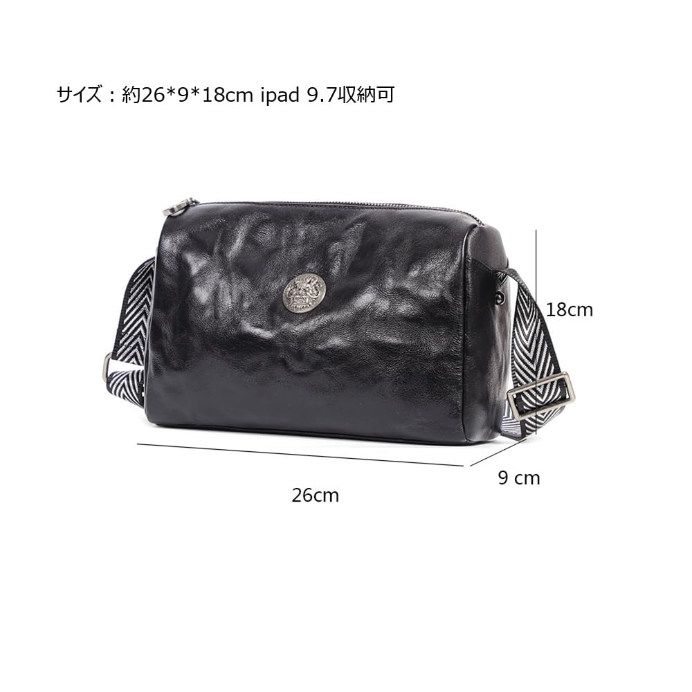 Whatna Antique-Style Tanned Natural Cowhide Leather One-Shoulder Bag for Men, Crossbody Chest Bag, Clutch, Shoulder Bag, Holds iPad 9.7" (Black),