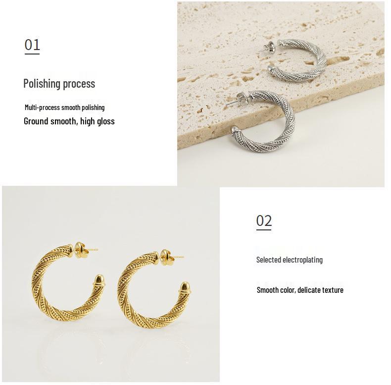 18K Gold-Toned Titanium Steel Round Hoop Earrings - Women's European & American Geometric Design
