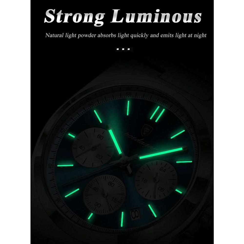 POEDAGAR 1pc Premium Men's Stainless Steel Quartz Calendar Chronograph Wristwatch, Business Waterproof Luminous Watch, Men's Gift