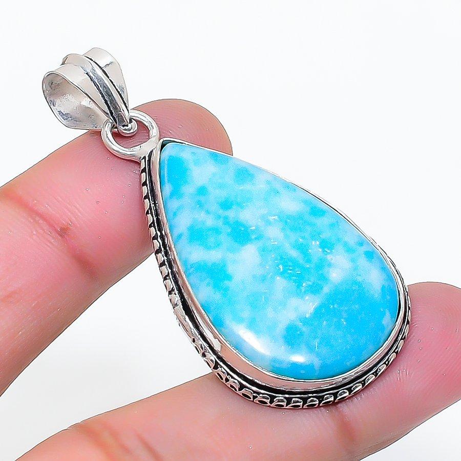 Natural Larimar Gemstone Handmade 925 Sterling Silver Jewelry Pendant 1.89" AP-15164