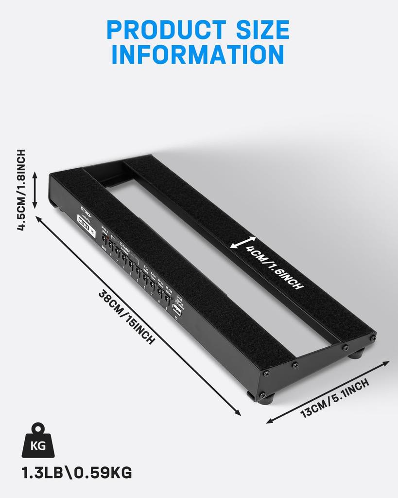 STRICH Powered Effects 38 X Lightweight Aluminum Alloy Pedal Board with Pedal Cable Bag and Strips PB-M15 Board, 13cm, 0.59kg, Hook-and-Loop