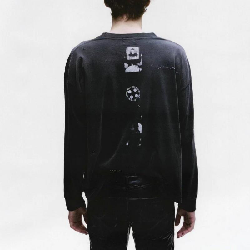 Mens Oversized Cotton Long Sleeve Tee Vintage Washed Black Hip Hop Style Casual Top