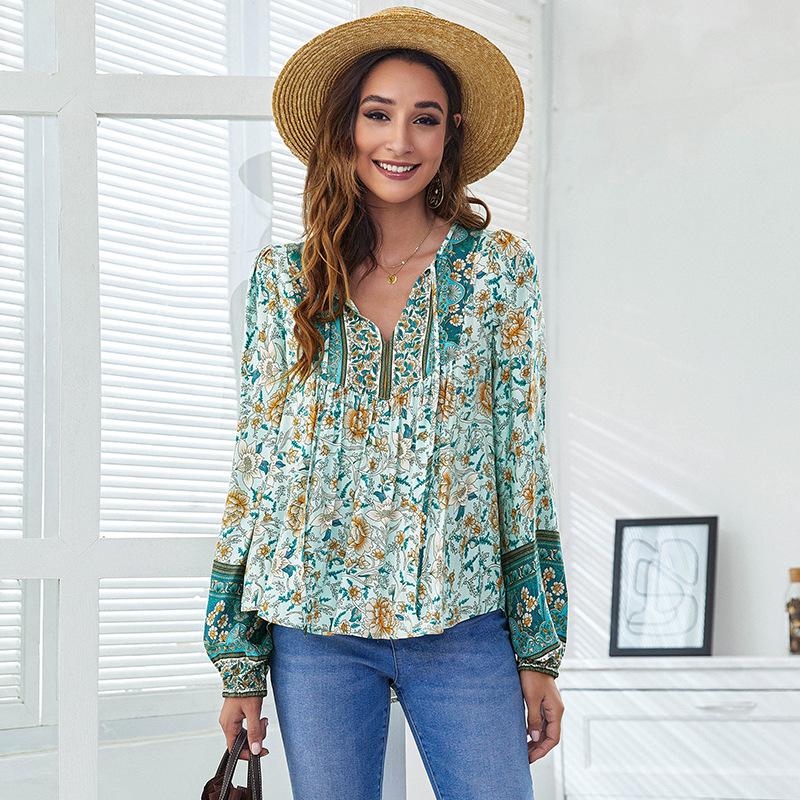 Women's Summer V Neck Printed Lantern Long Sleeve Loose Top
