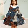 Girls White Purple Printed High Neck Long Sleeve A Line Flared Dress With Furry Trim And Bow