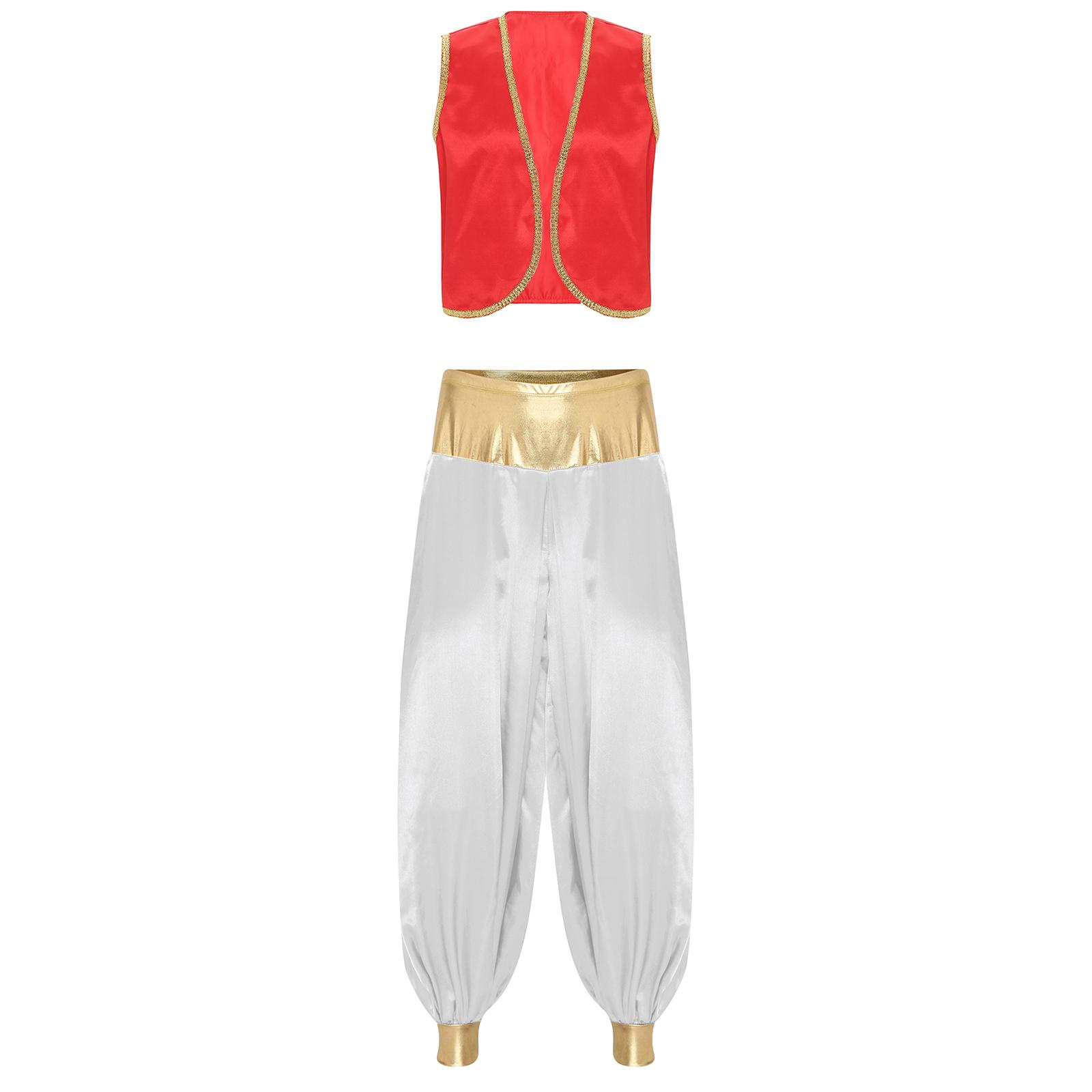 

Чоловічий костюм арабського принца, блискучий золотий жилет з обробкою та латані штани-ліхтарі для косплею, тематичної вечірки на Гелловін, вигнутий жилет L бордовий/білий