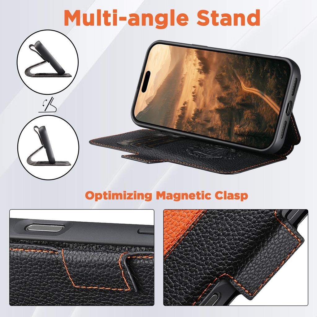 iPhone 17 Flip Case: Card Slot, Magnetic Snap, Wireless Charging Stand, Color Block Wallet, Leather