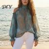 Long Sleeve Shirts Women Fall Cold Shoulder Shirt, Vintage Ethnic Print High Casual Blouses Collar Blouse, Ruffle Lantern Top Soft