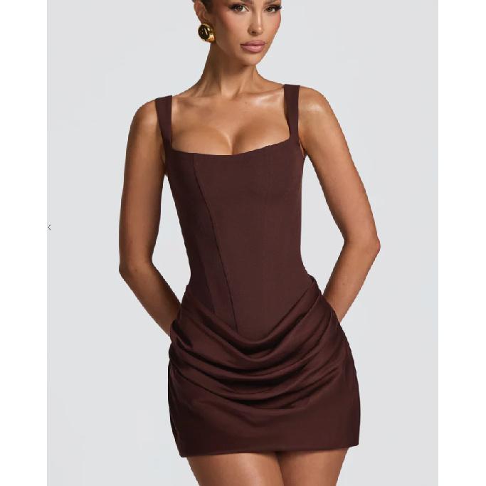 2026 New Women's Sexy Square Neck Sleeveless Bodycon Strap Waist-Cinching Short Dress