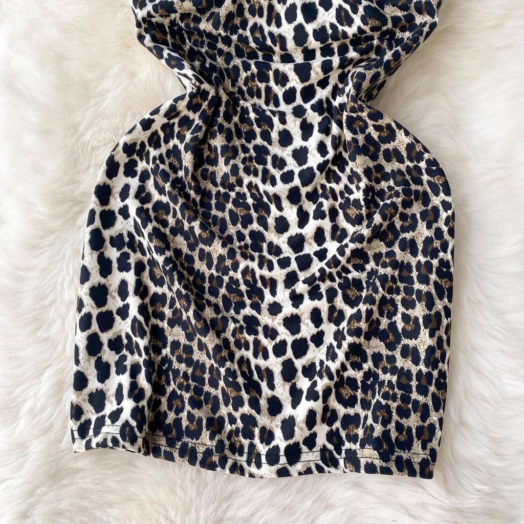 American Fashion Halter Leopard Camis Dress Women Vintage Hollow Out Backless Slim Dresses Female Club Sexy Sensual Strappy Mini Dress 2024