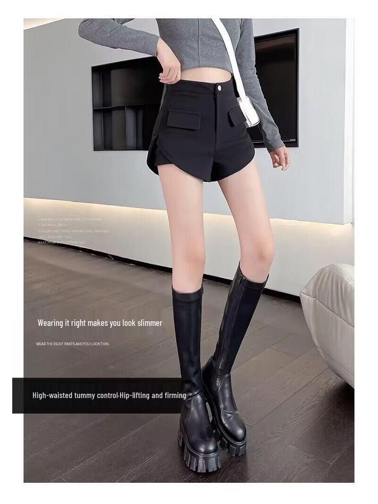 Black High Waist Elastic Women’s Shorts - Slim Fit, Wide-Leg, Casual Large Size Bootcut