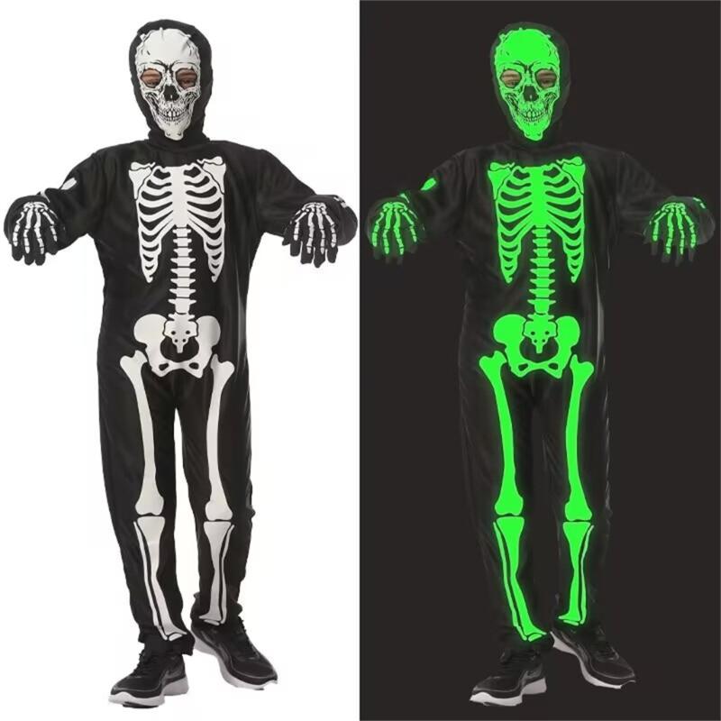Bright Skeleton Costume For Children Halloween Party Full Body Jumpsuit Easy Zipper Closure Comfortable Wear