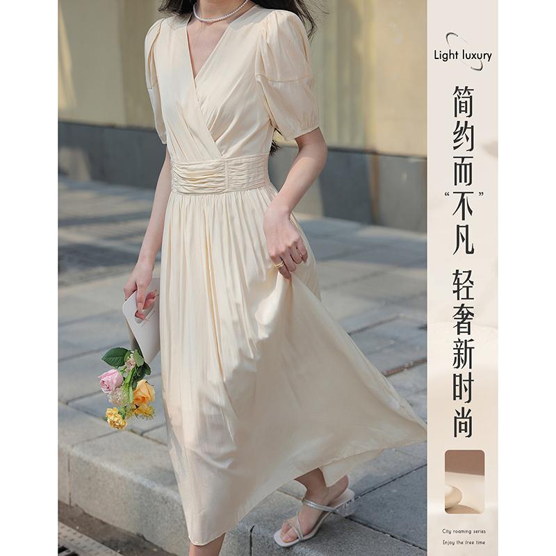 French V-neck Dress for Women, Super Beautiful, Waist Cinching and Slimming Short Sleeved Long Skirt