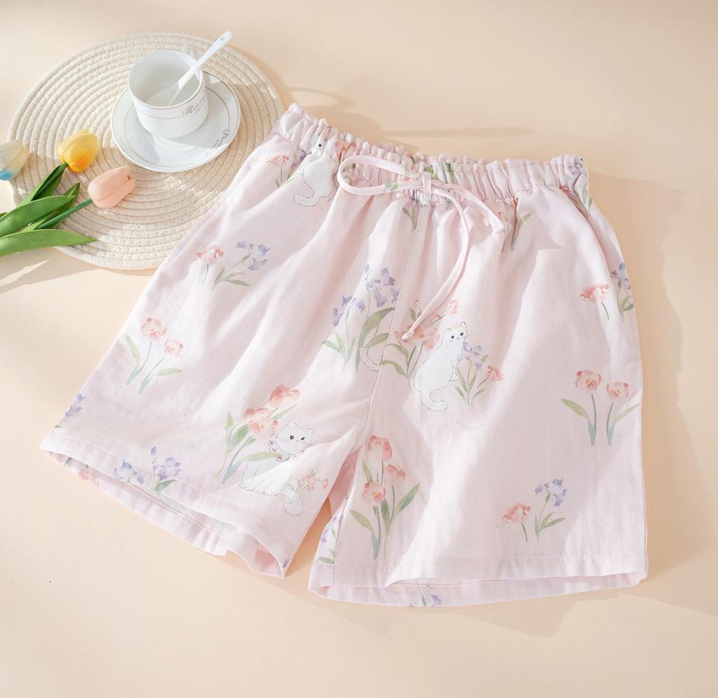 Damen Baumwollgaze Pyjamashorts mit Kirschen-Print - Leichte Sommer-Homewear, Vielseitig für den Außenbereich