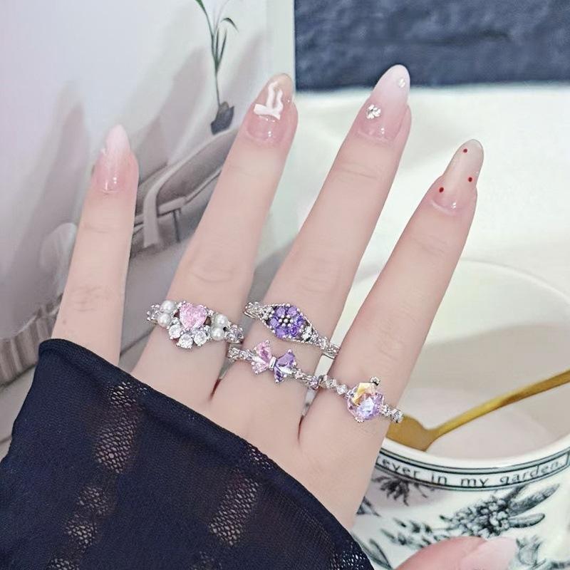 Irregular Color Butterfly Pink Zir*****Pen Ring Personality Niche Design Advanced Sense Love Stacked Ring Woman