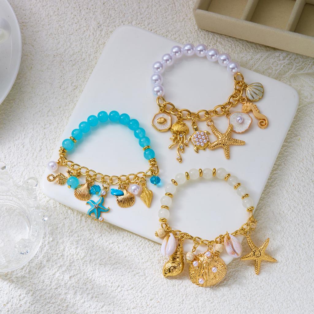 Design Sense Marine Element Pendant Bracelet for Women Imitation Pearls Conch Starfish Beaded Bracelet Bohemian Jewelry Gift