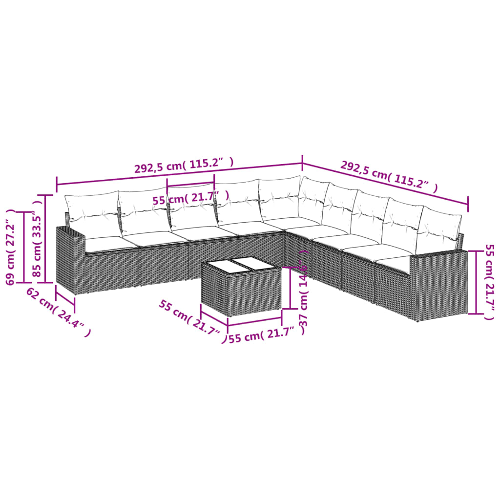 Vidaxl 10-Cz. Garden Lounge Set, Cushions Black Rattan Pe