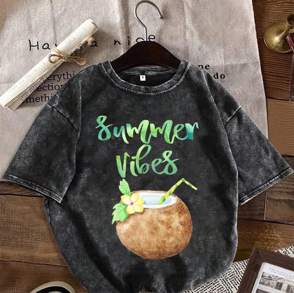 

Summer Vibes Graphic Shortsleeved TShirt Oversized Washed Cotton Tee Tropical Vacation Print Casual Stylish Top for Women Men S