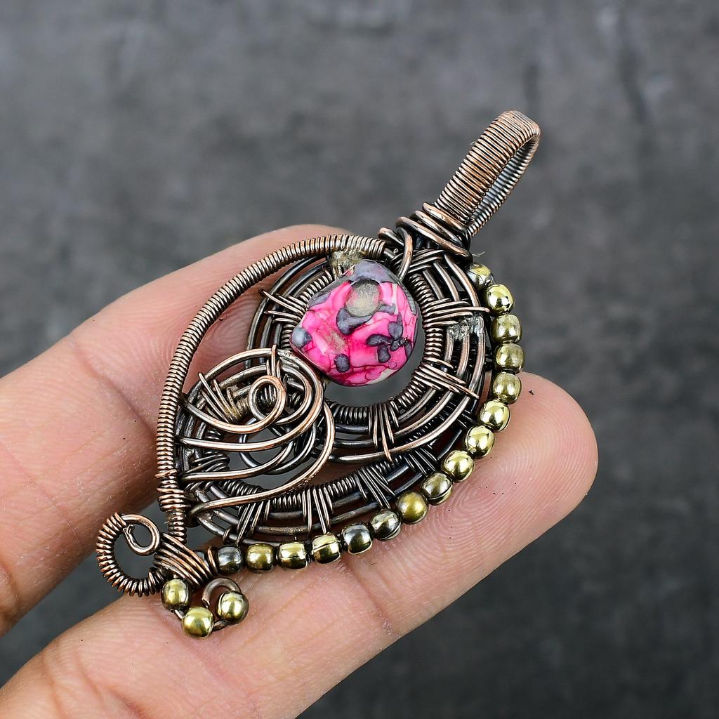 Natural Mosaic Jasper Gemstone Copper Wire Wrap Gift Jewelry Pendant 2.56" S2P25