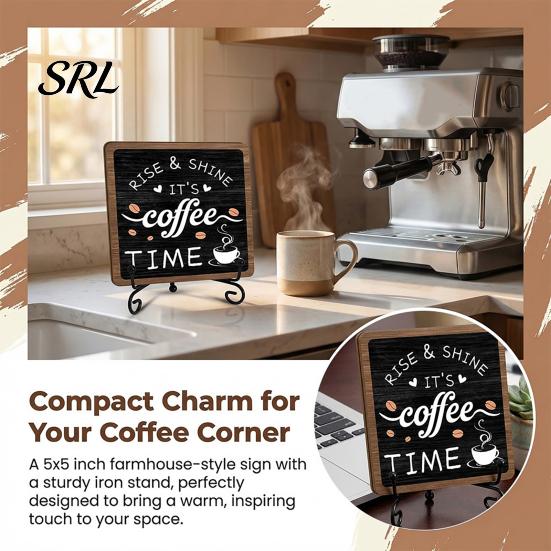 Desktop Coffee Display Stand Wooden Bar Sign Decor with Iron Stand, Vintage Black & White Cafe Decorative for Station Wall Art, Rustic Tabletop