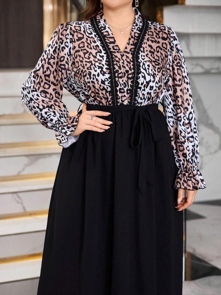 Autumn Leopard Print Plus Size Women's Dress - Retro, Flattering & Fashionable Design
