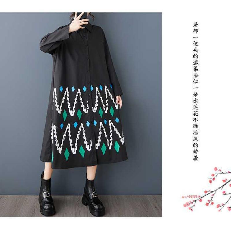 Loose Large Size Printed Splicing Casual Simple Sweetheart Long Sleeve Dresses