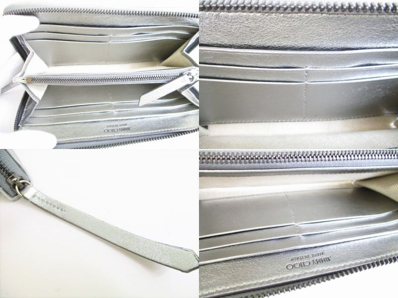 Authentische Jimmy Choo Silber geprägtes Leder Runde Reißverschluss Brieftasche NEFER #8344 Refurbished