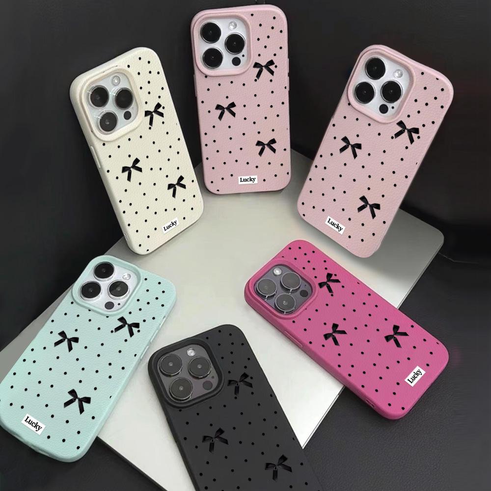 Black polka dot bow is suitable for iPhone17 Pro leather pattern mobile phone case 17 all-inclusive 15 large holes 16 soft case factory