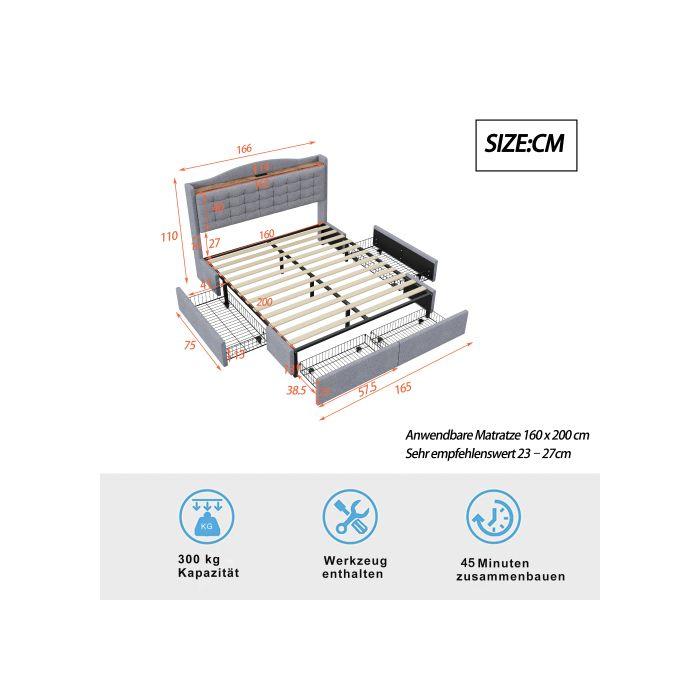 Lit double rembourré - MUVOE - 160x200 cm - Tiroirs de rangement - Prise USB intégrée - Tissu lin gris