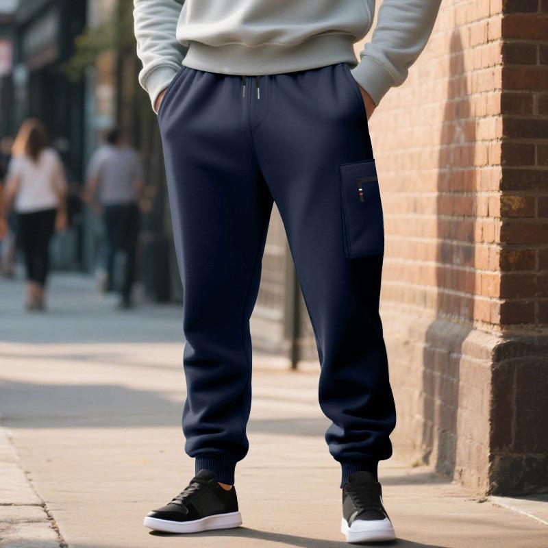 Men Cargo Jogger Sweatpants, Elastic Drawstring Waist Zippered Thigh Cargo Pocket Side Hand Pockets Ribbed Ankle Cuffs Soft Casual Athletic Trousers
