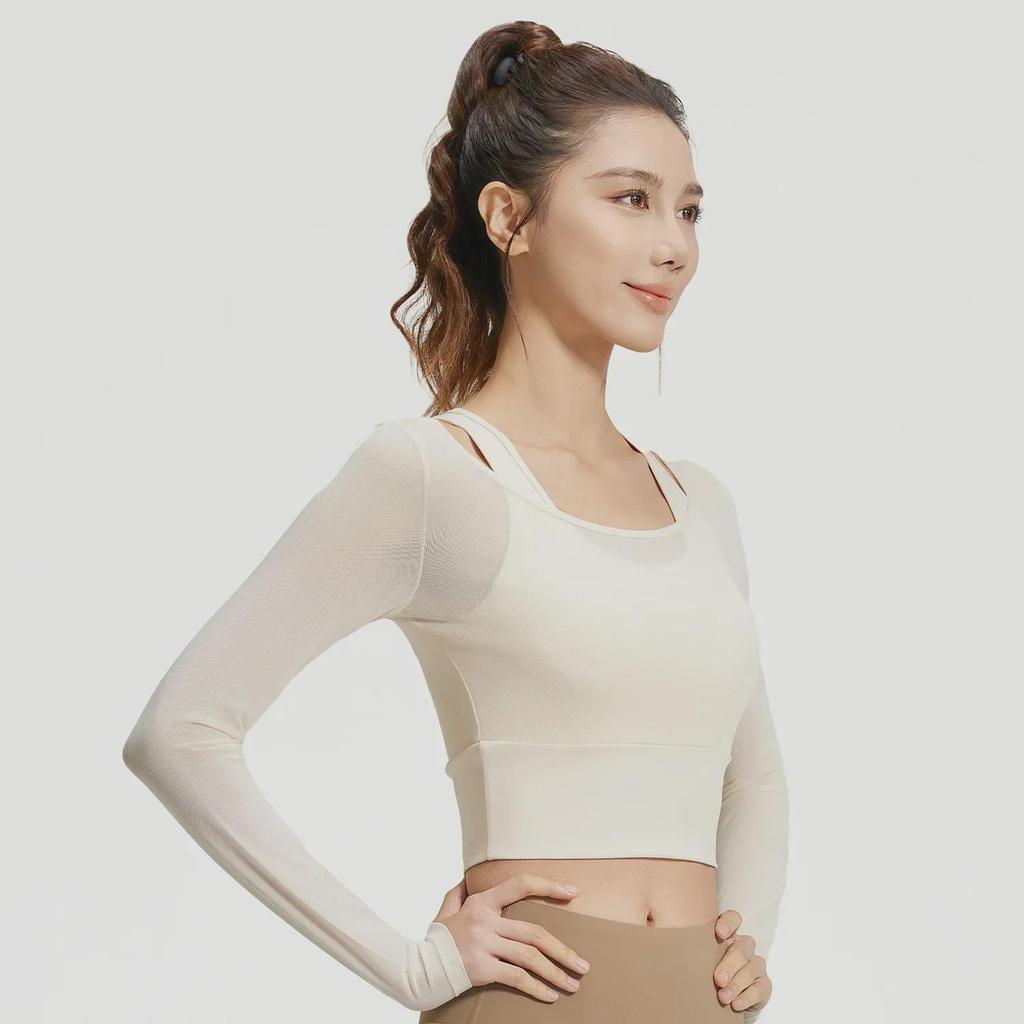 Juyitang Mesh Two-Piece Look Yoga Top, Long Sleeve, No Bra