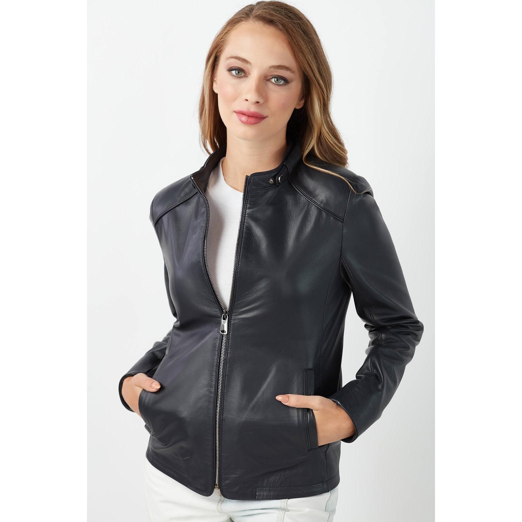 

Женская куртка Abra из натуральной кожи темно-синего цвета