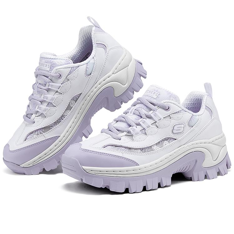 Skechers Chaussures de Sport en Dentelle Hi-Ryze Tissu Cuir Synthétique Confortables Basse Top Chaussures de Papa Baskets Femme Blanc Violet 177229-WLV