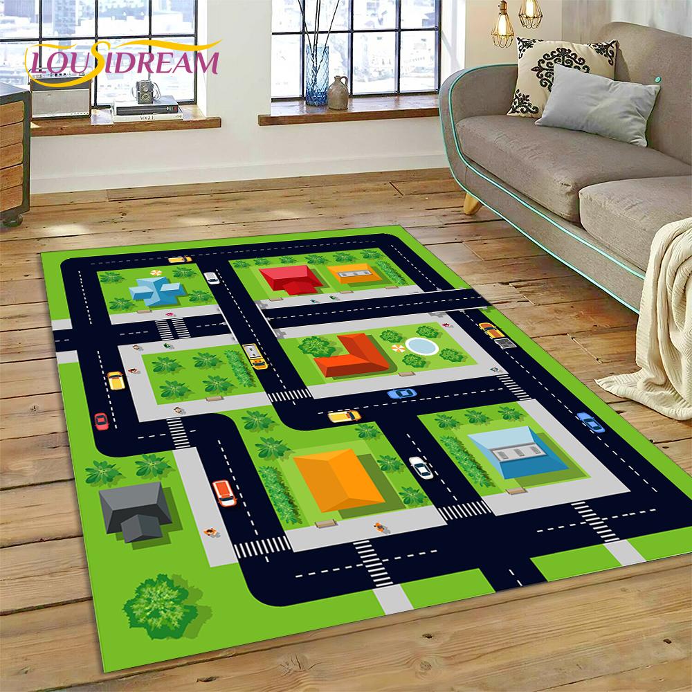 3D City Traffic Road Map Child PlayMat Highway Playroom Area Rug,Carpet Rug for Living Room Bedroom Sofa Doormat, Non-slip Gift
