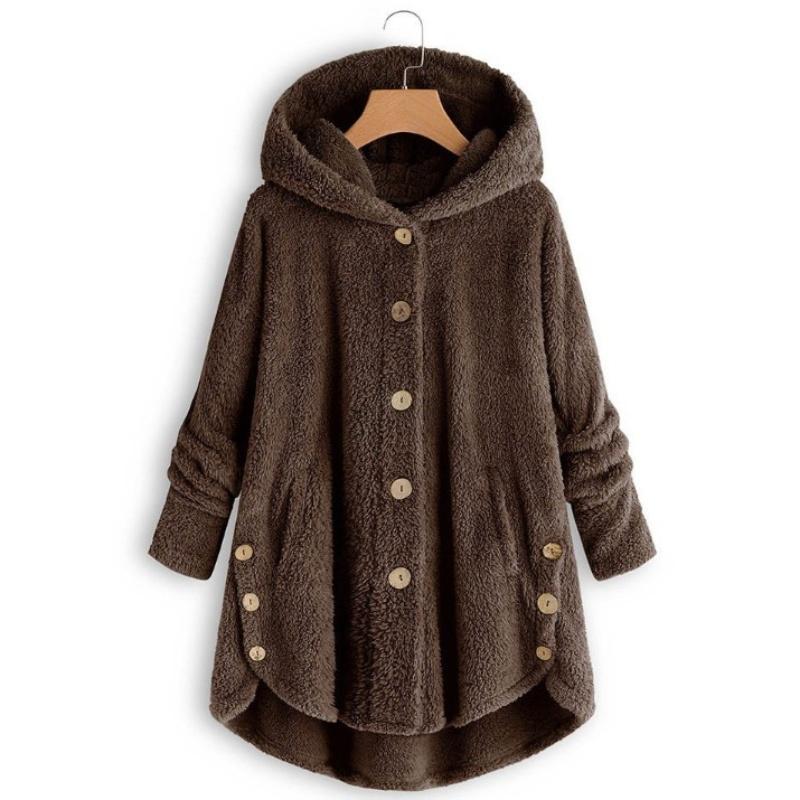 Fashion Autumn Winter Women's Solid Button Coats Ladies Warm Bear Loose Outwear Female Plush Coat Hooded Wool Jackets