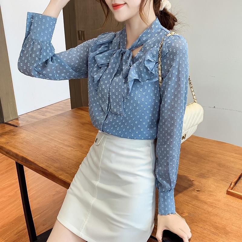 Women Blouses Shirts 2025 Spring Long Sleeve Women Blouse Shirt Bow Collar Chiffon Blouse Shirt Women Tops J657