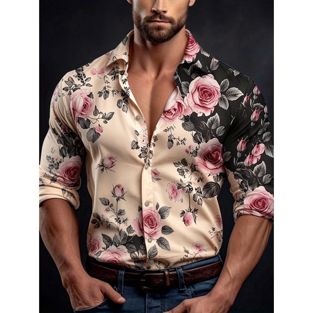 Men's Contrasting Rose Print Long Sleeved Shirt with Slim Fit Collar Shirt for Vacation Parties and Street Fashion Tops