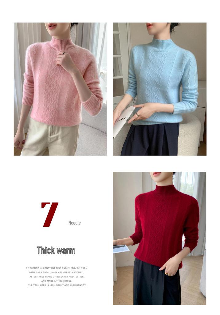 2025 Autumn/Winter Women's Thick Cashmere Half-High Collar Loose Cable Knit Sweater