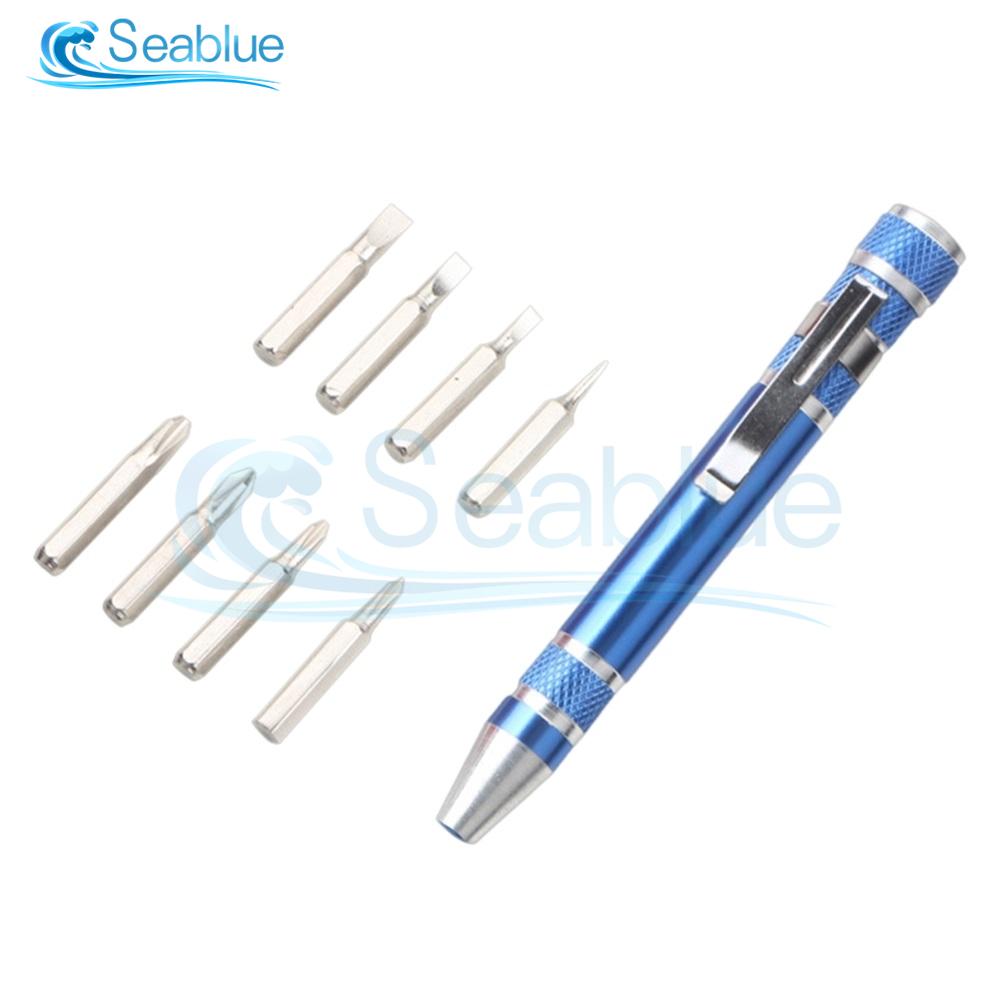 Multifunction 8 In 1 Pocket Precision Mini Screwdriver Pen Mobile phone Repair Hand Tools Kit Portable Screwdriver Set Bits