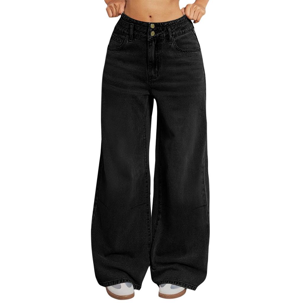Women's High Waist Distressed Button Design Vintage Jeans Women's Loose Straight Wide Pants