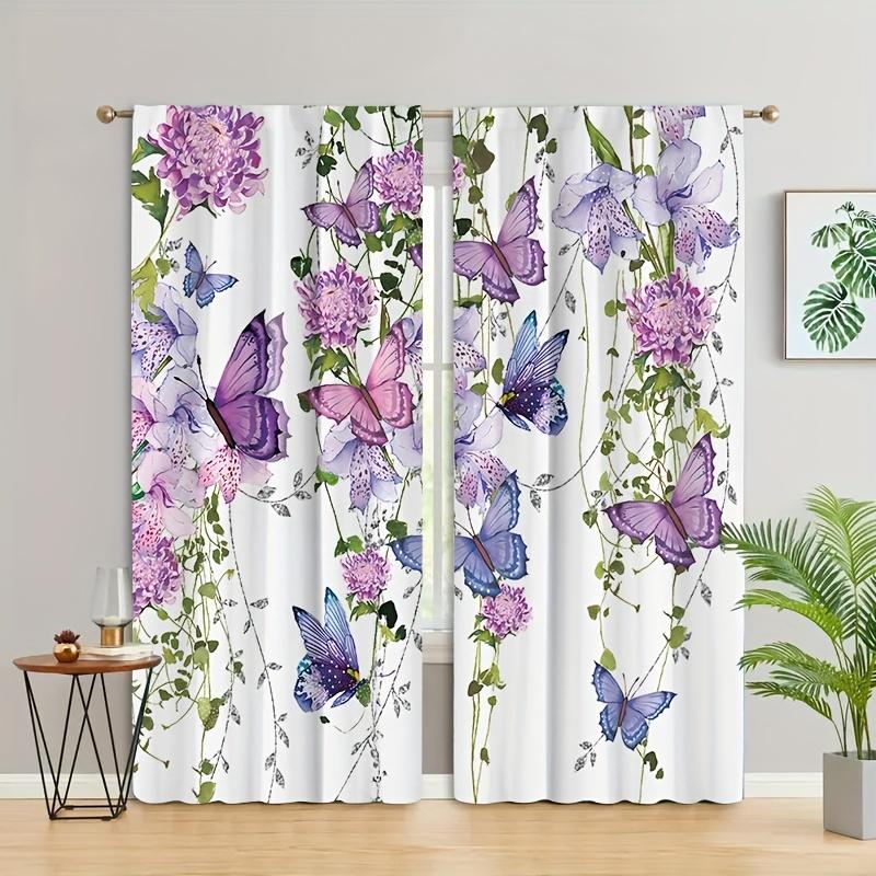 2pcs Set Blue Purple Butterfly Floral Curtains, Soft Polyester, Rod Pocket Design for Living Room, Bedroom, Kitchen, And Office