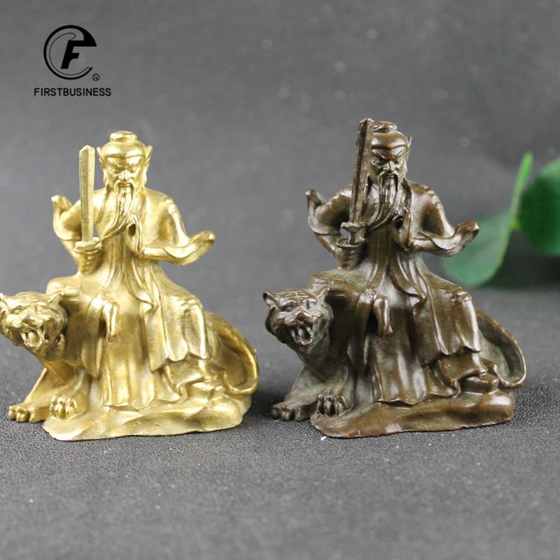 Retro Brass Chinese Taoist Founder Zhang Daoling Riding Tiger Statue Feng Shui Desk Ornament Home Decorative Crafts Accessories