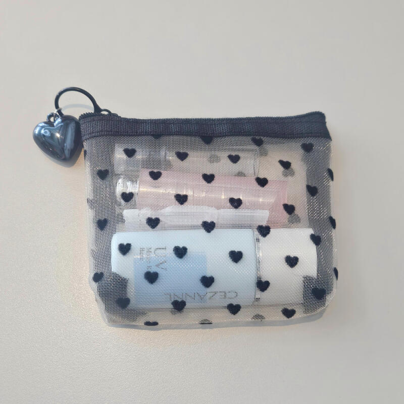 Heart Mesh Tint Cosmetic Mini Pouch with Heart Charm