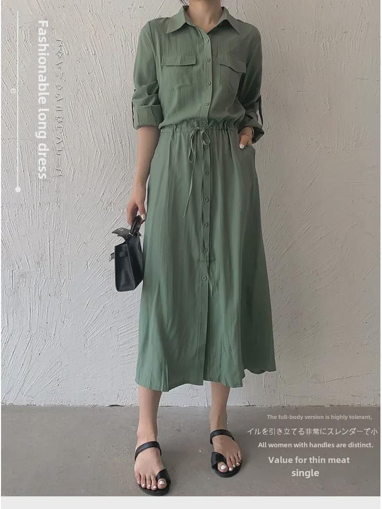 2024 Japanese & Korean Style Sleeveless Pocket Long Swing Casual Lapel Shirt Dress